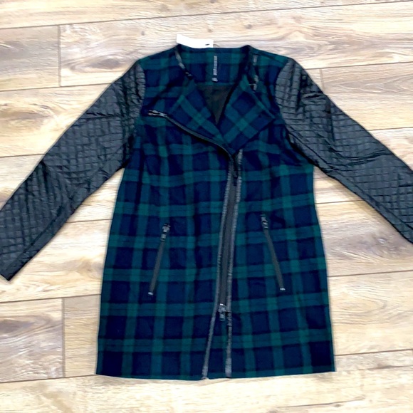 NWT WALTER BAKER 118 Sadie Blue Green Plaid Faux Leather Sleeve Coat MED - Picture 2 of 11